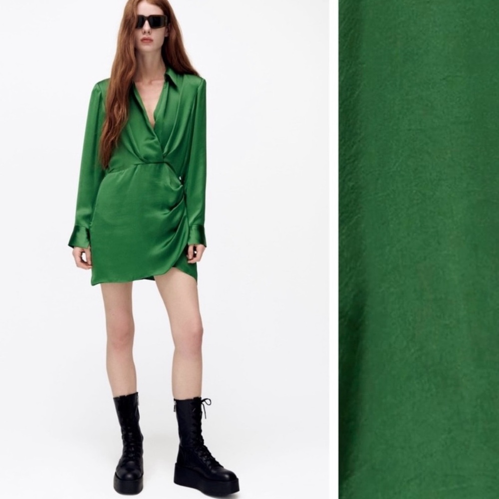 Zara Satin Effect Green Wrap Dress
